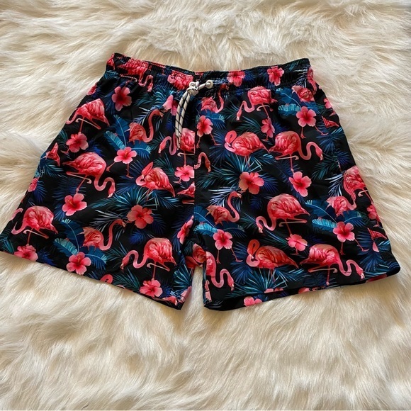 Shein Mens Swim Trunks Size‎ S Pockets DrawString Pink Birds Pull On - Picture 1 of 6